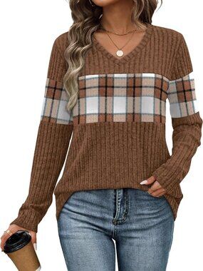 Plaid Brown Medium Long Sleeve Sweater - Trendy Fall Outfit Top for Women